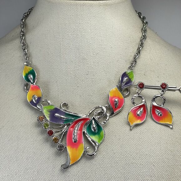 Boho Style Jewelry Set Oil Dripping Craft Trendy Leaf Shape Necklace & Earrings